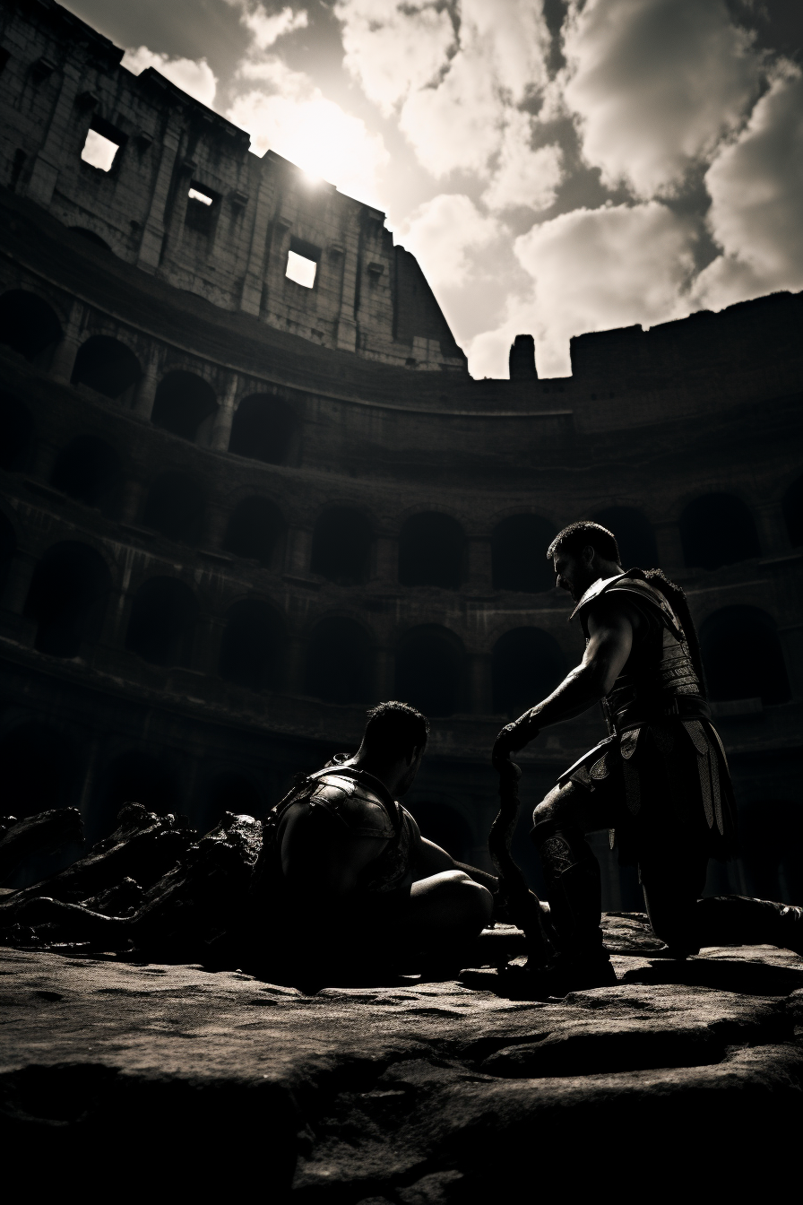 Two gladiators in colosseum duel