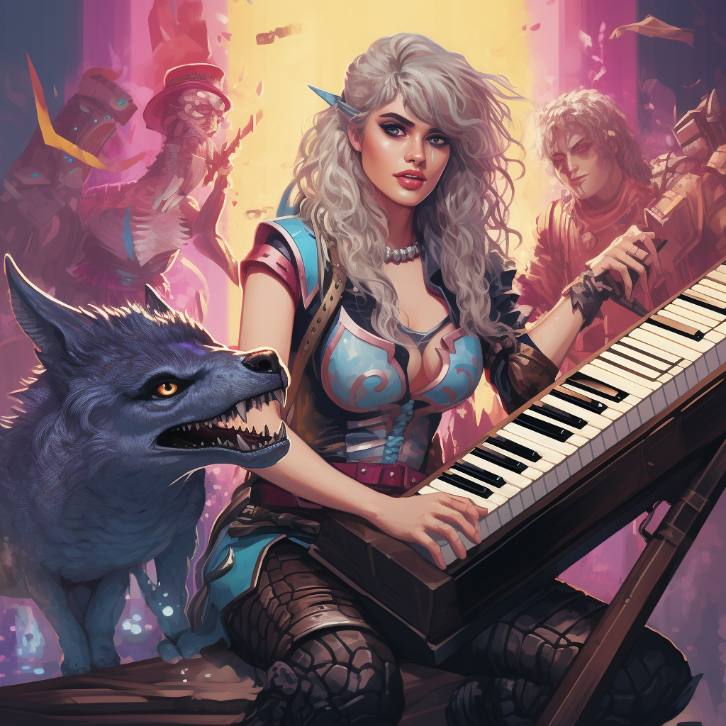 Young woman fighting monsters with keytar