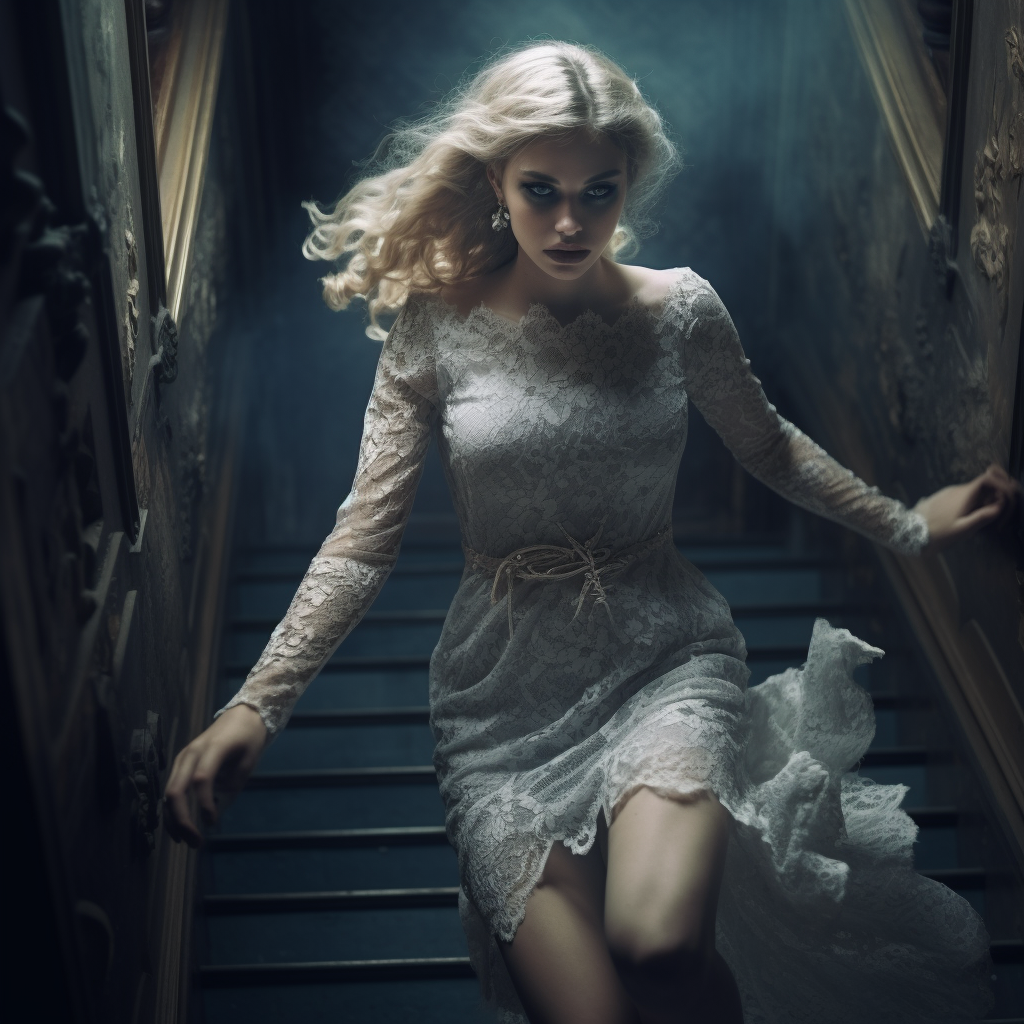 Glamorous blonde woman escaping lace fabric monsters