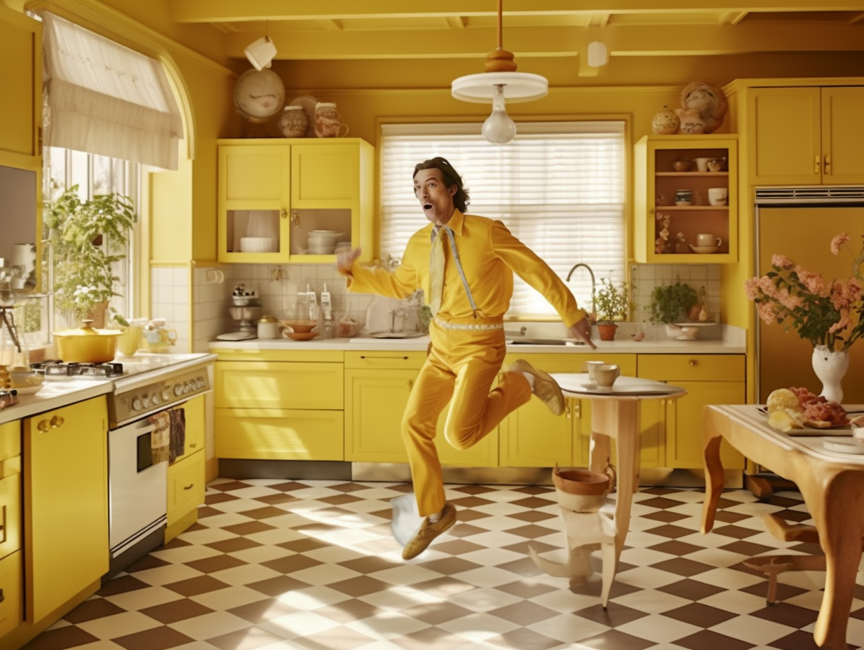 Glamorous kitchen with man running in yellow theme