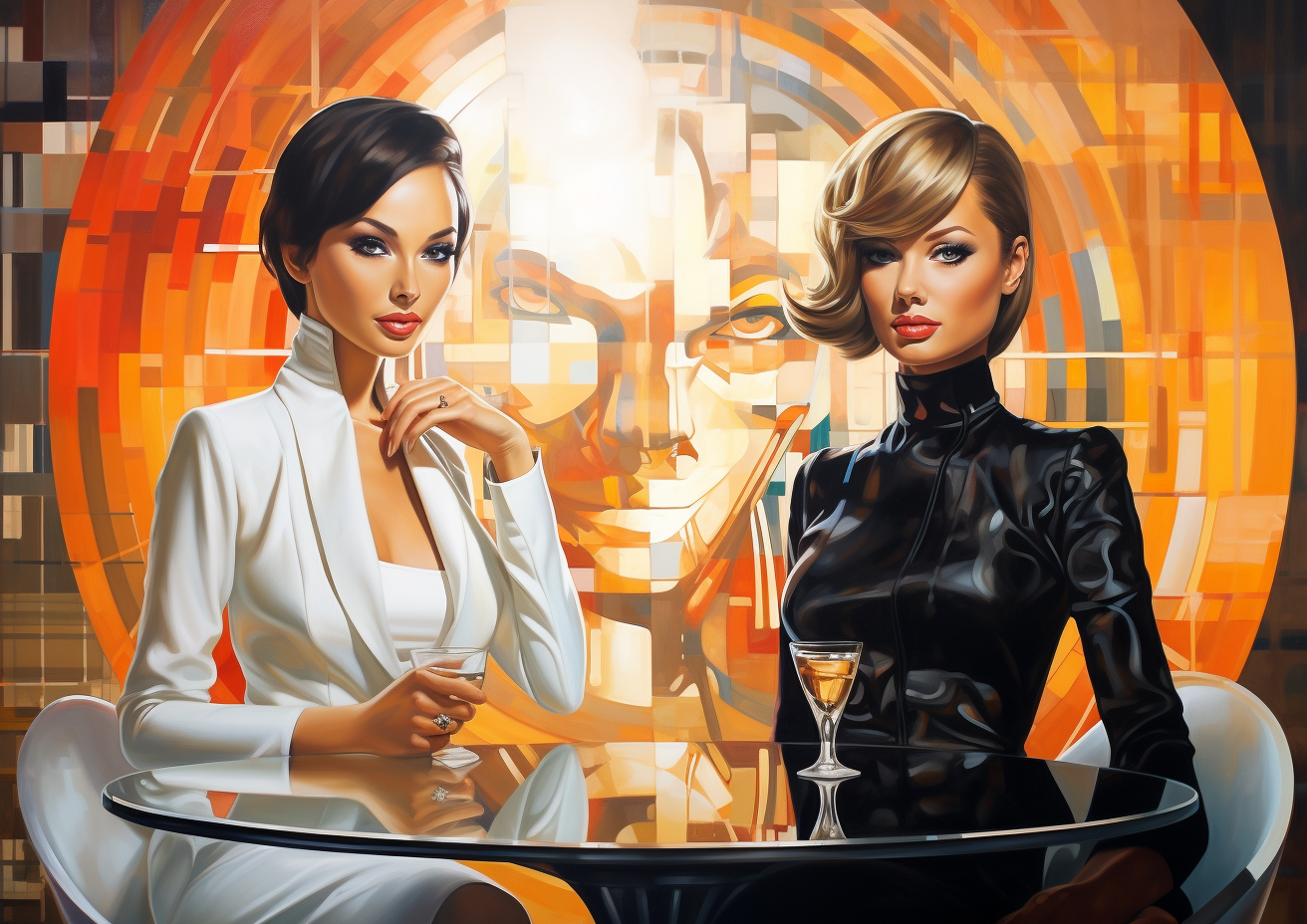 Two Flirting Glamour Women in Futuristic Interior