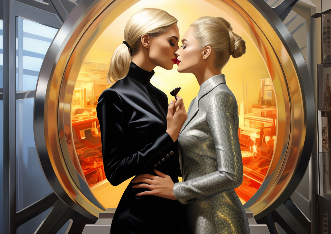 Glamour women kissing passionately in futuristic interior