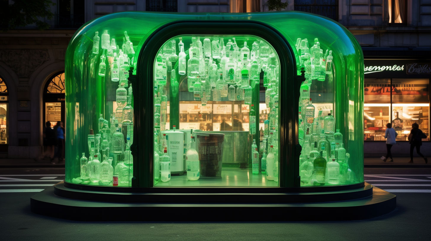 Green glass and Perrier shape bottles in Milan's artistic installation