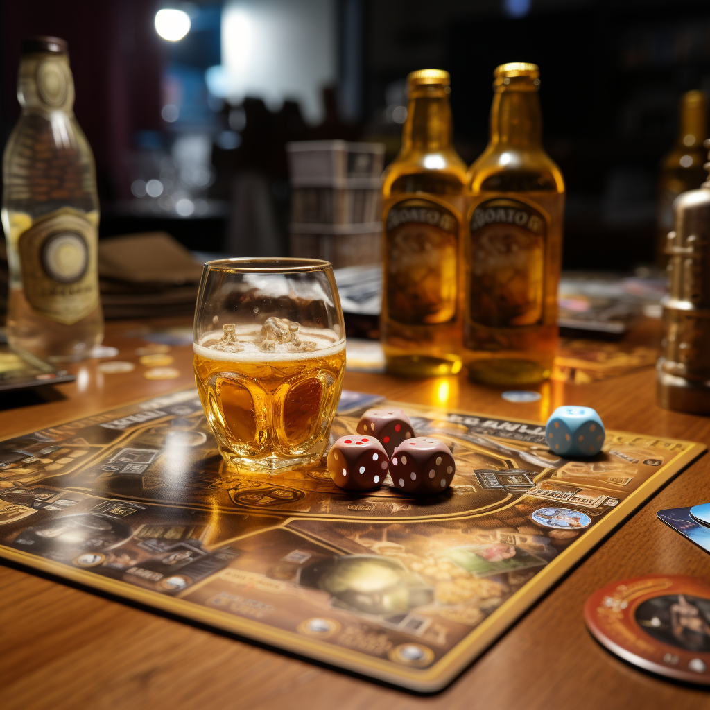 Refreshing beer next to a board game