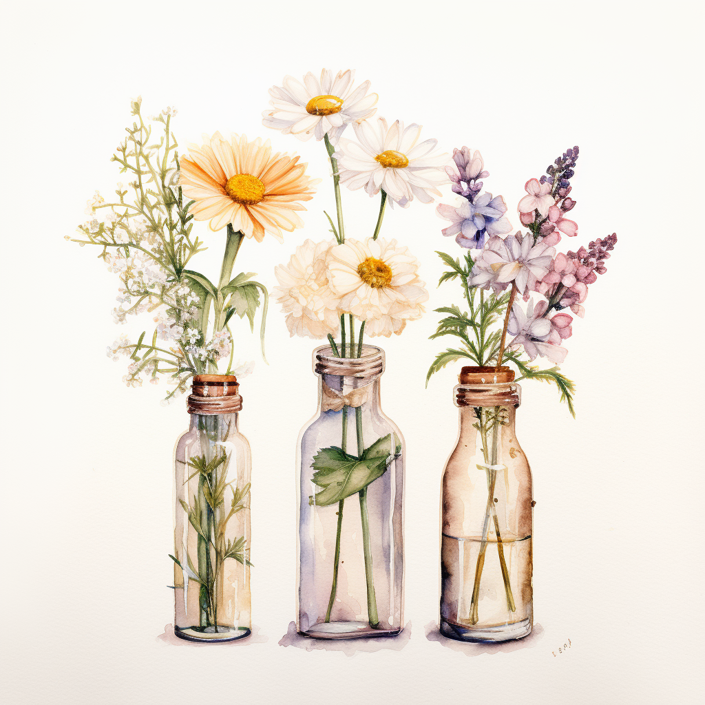 glass bottles with wildflower bouquet