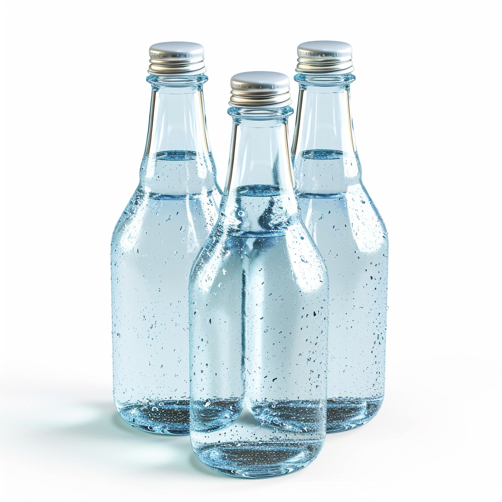 Three glass bottles of water stacked