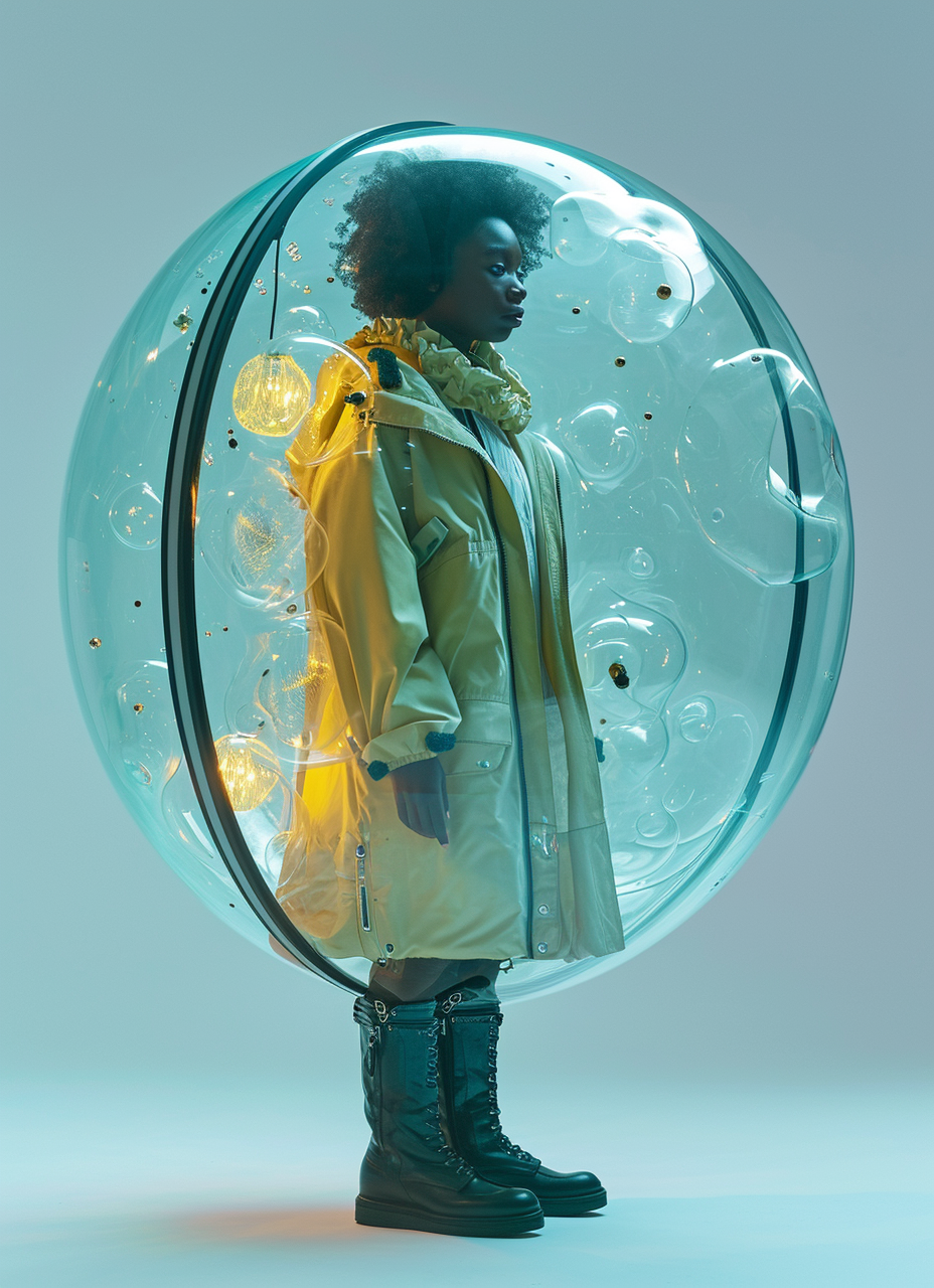 Woman in glass bubble costume cranials