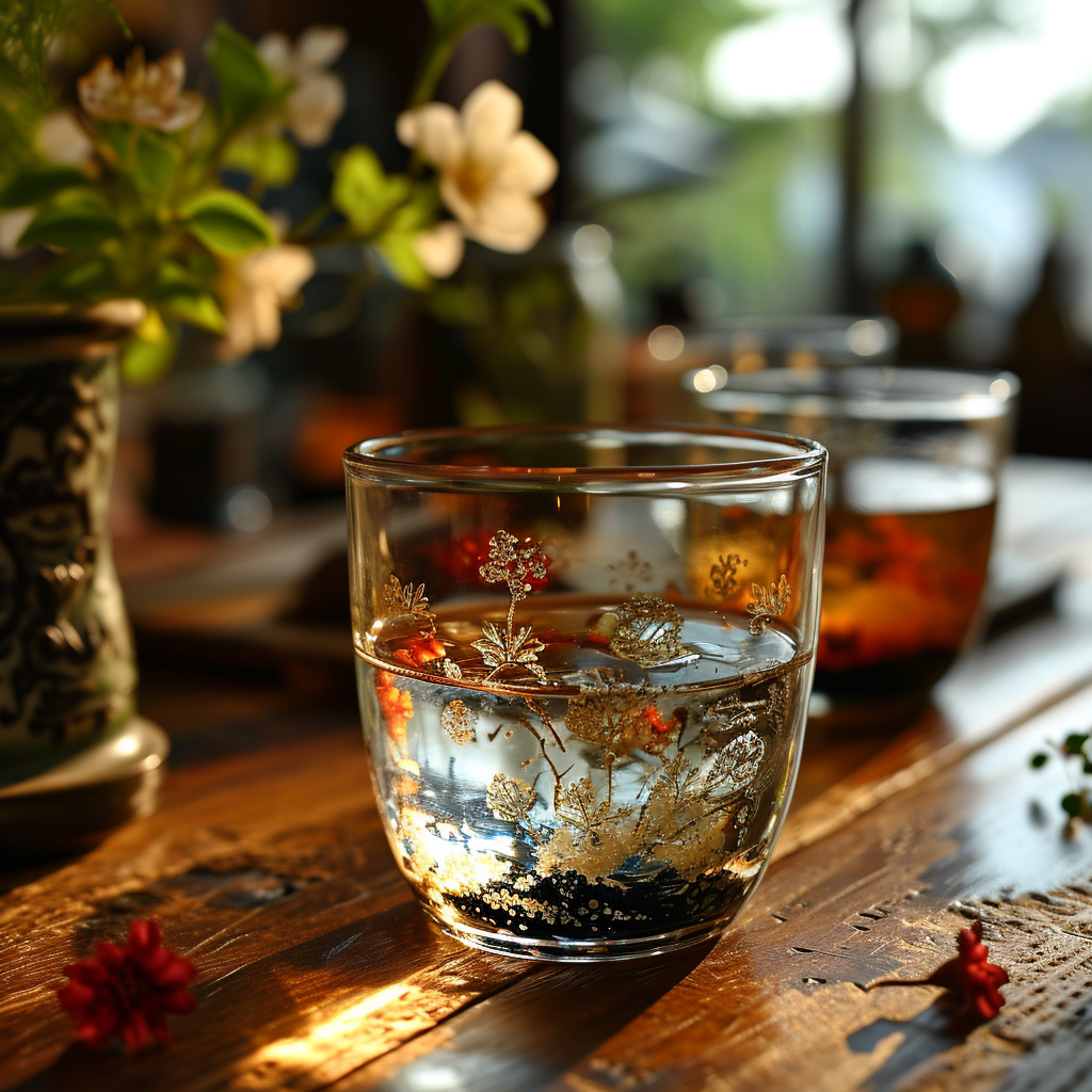 Elegant glass cup with Chinese-inspired design