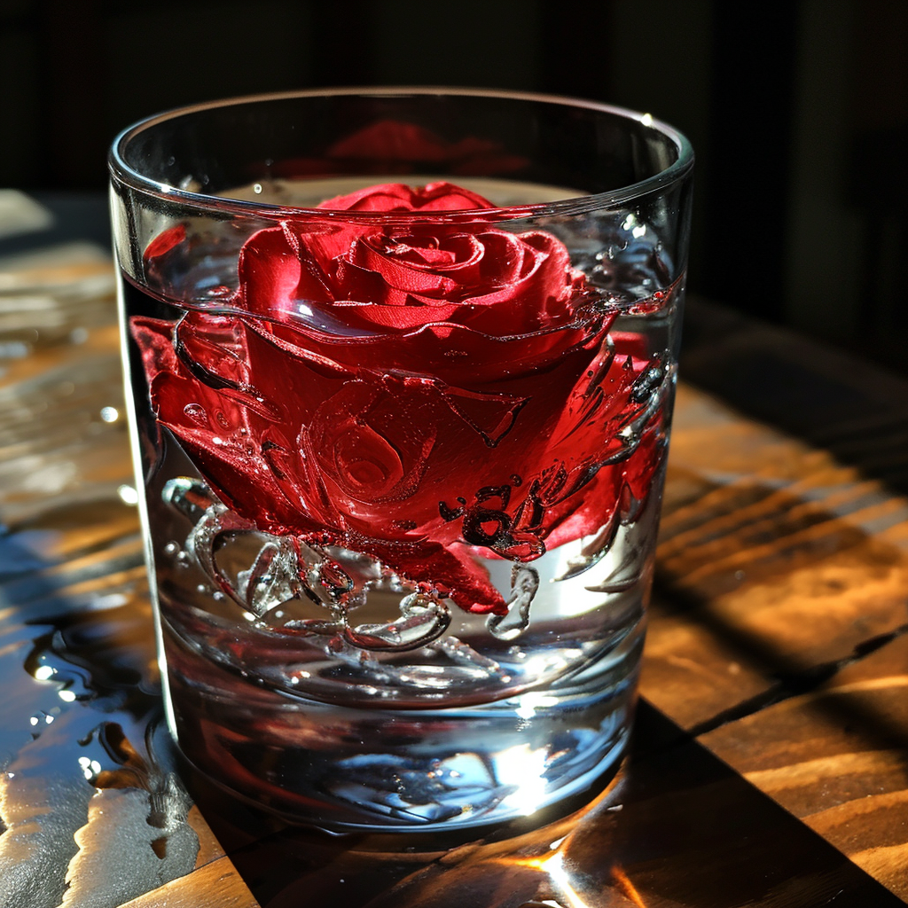 Glass cup with rose-shaped ice cube