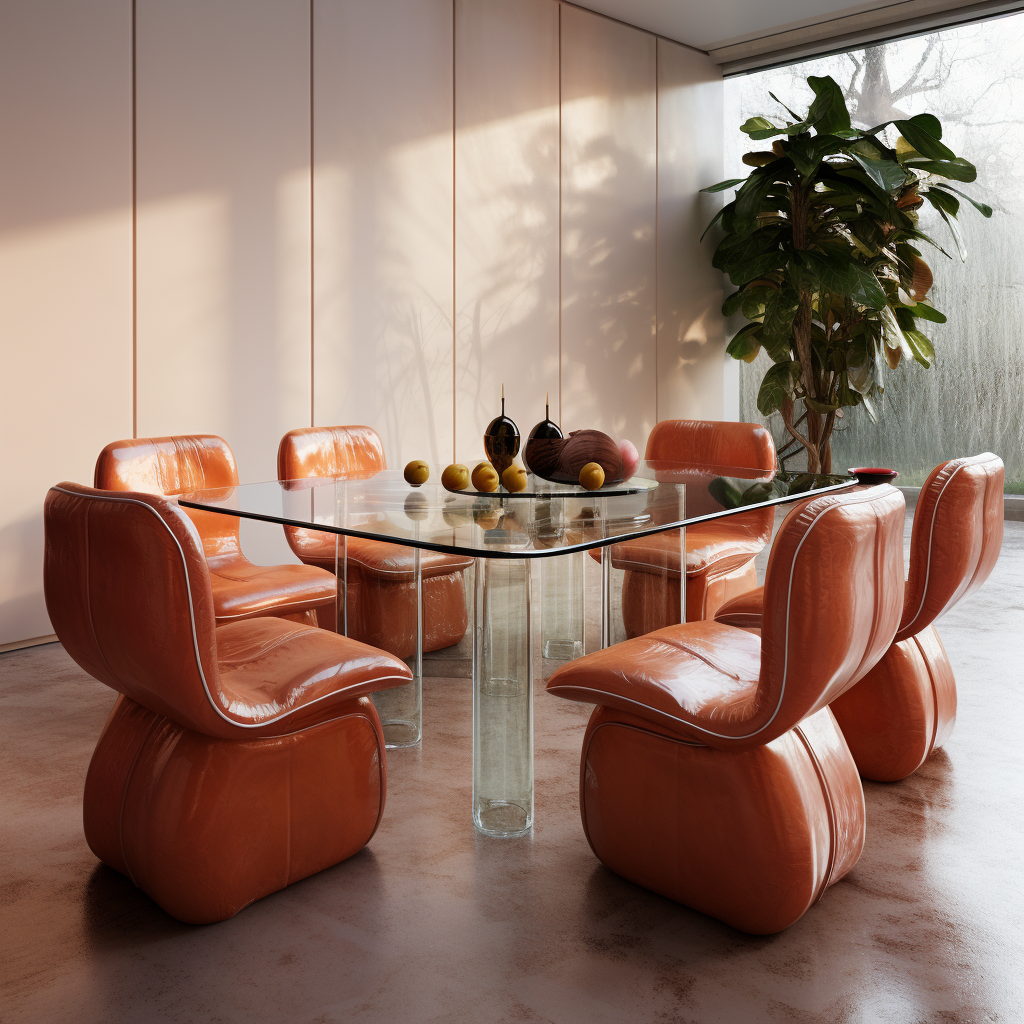 Elegant glass dining table with terracotta leather chairs