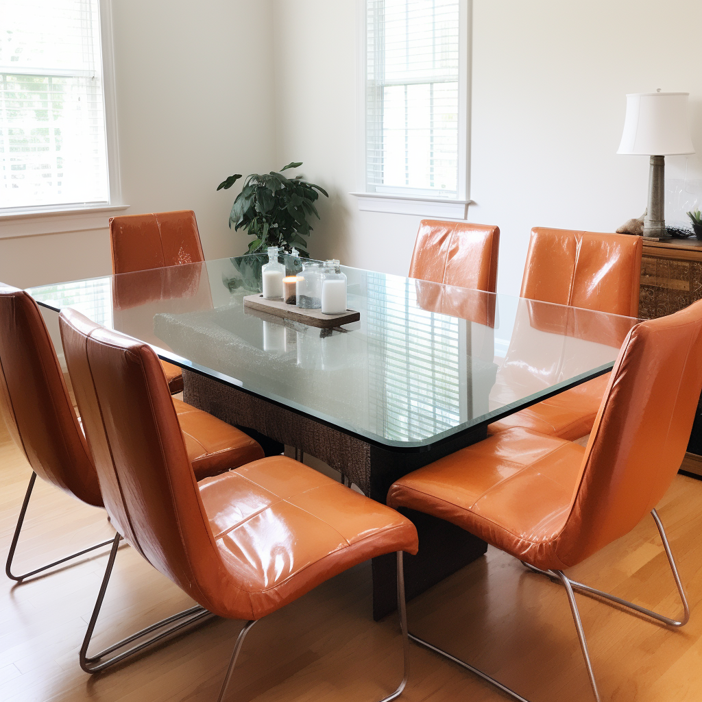 Realistic glass dining table with terracotta vegan leather chairs