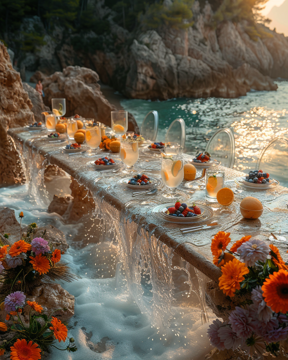 Sparkling glass chairs on beach