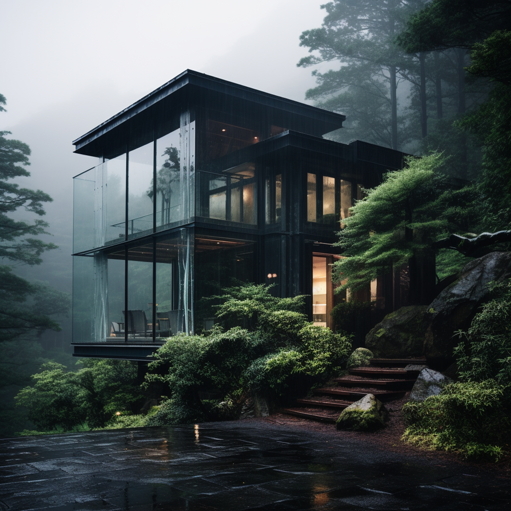 Glass house in mountains with Japanese architecture