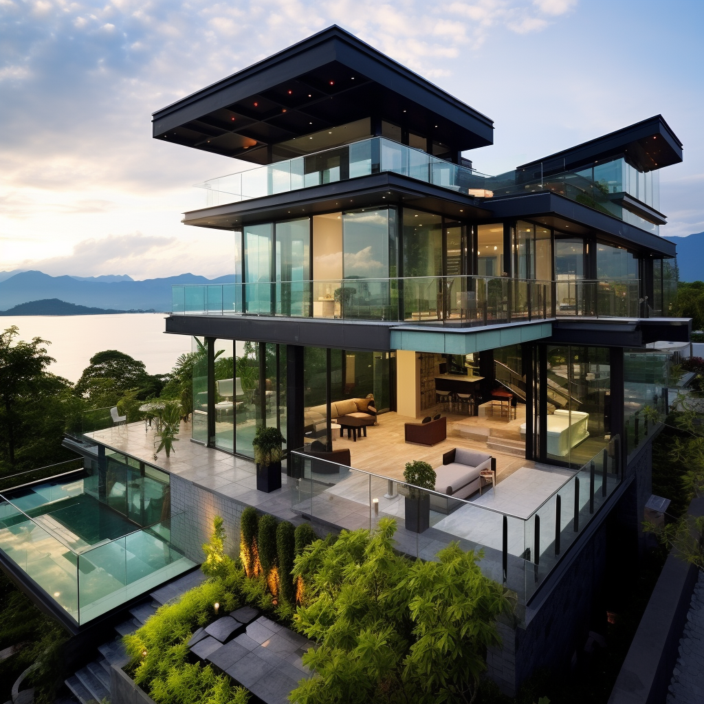 Modern glass house with roof deck and lake view