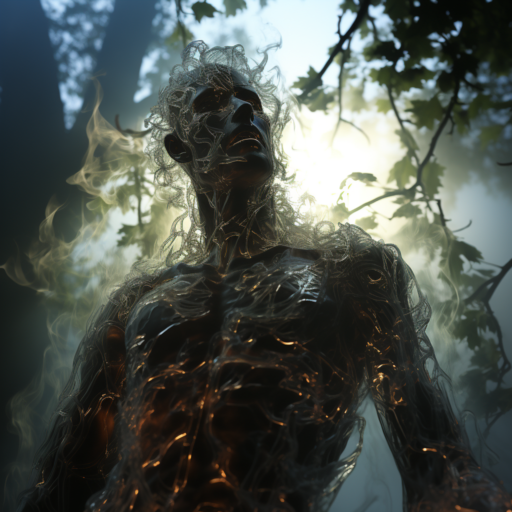 Glass humanoid jumping from a tree with smoky interior