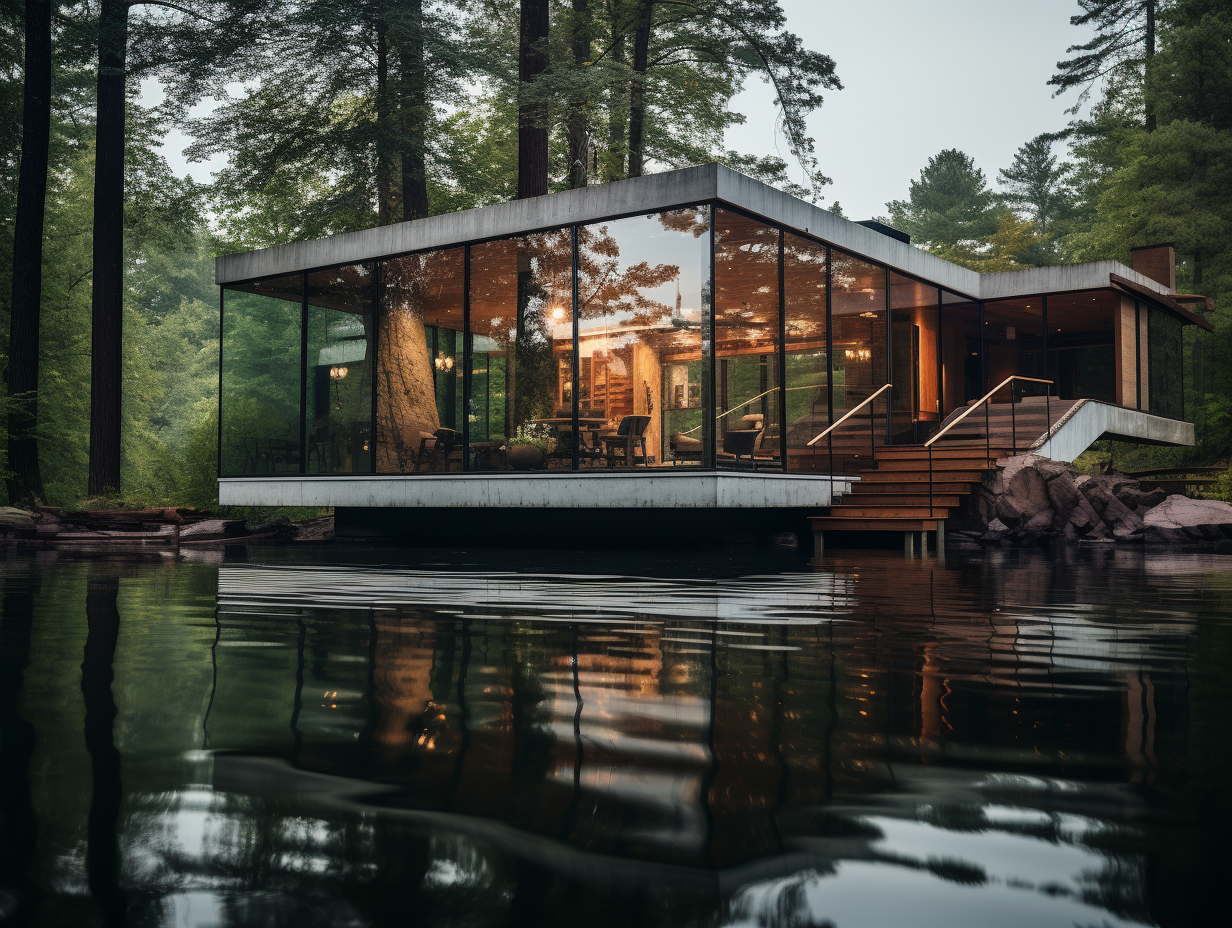 Beautiful glass lakehouse near the lake