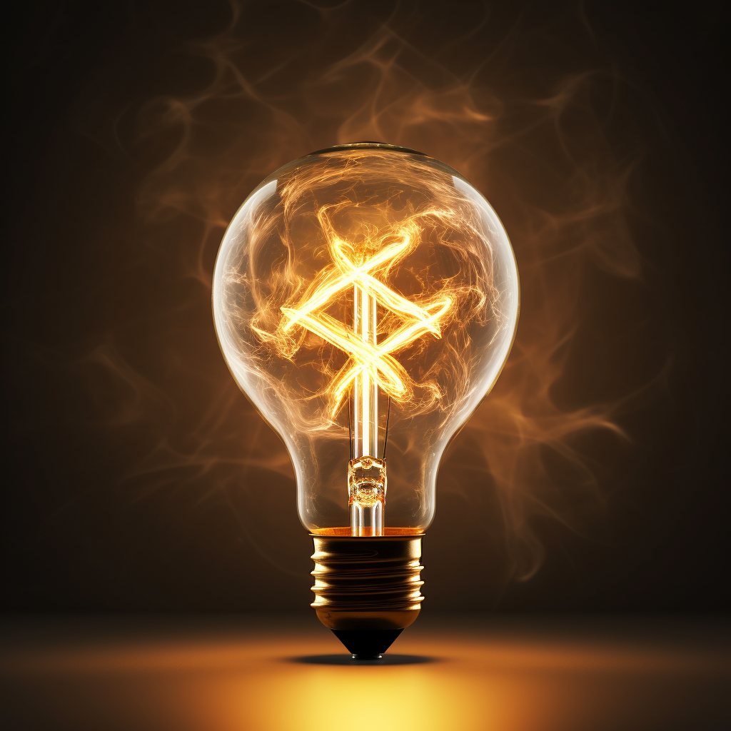 Realistic clear glass lightbulb with cross-shaped filament on gold background