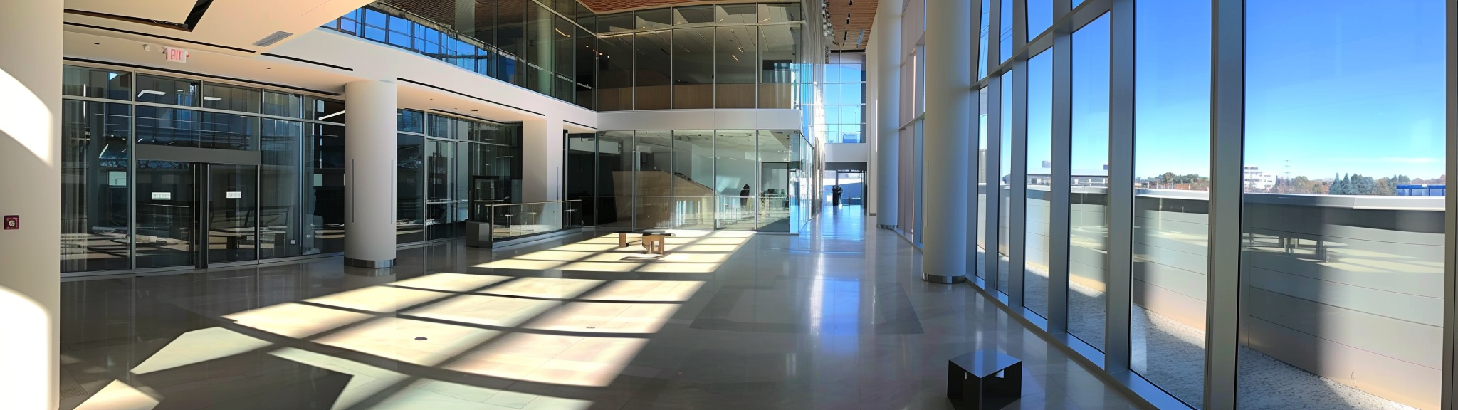 Wide glass lobby hallway view