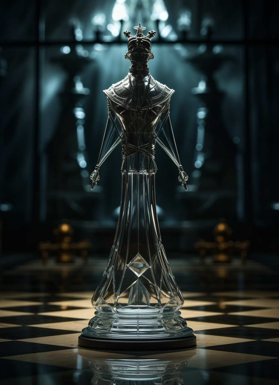 Glass man standing on chess table