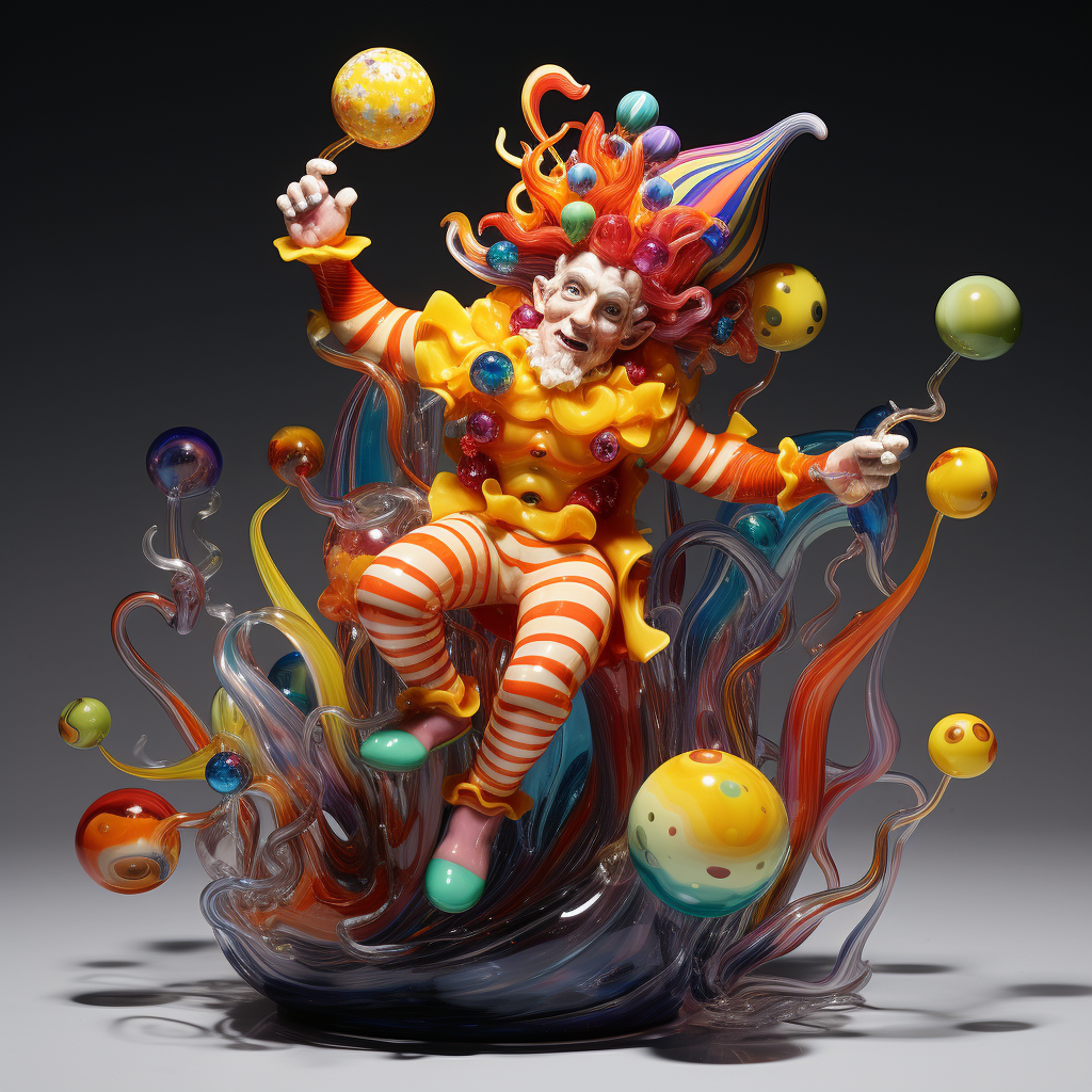 Whimsical glass sculpture of a clown parading in the cosmos