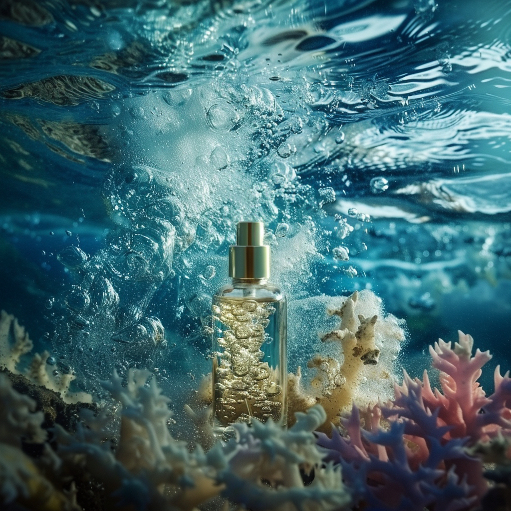 Serum bottle underwater blue sea