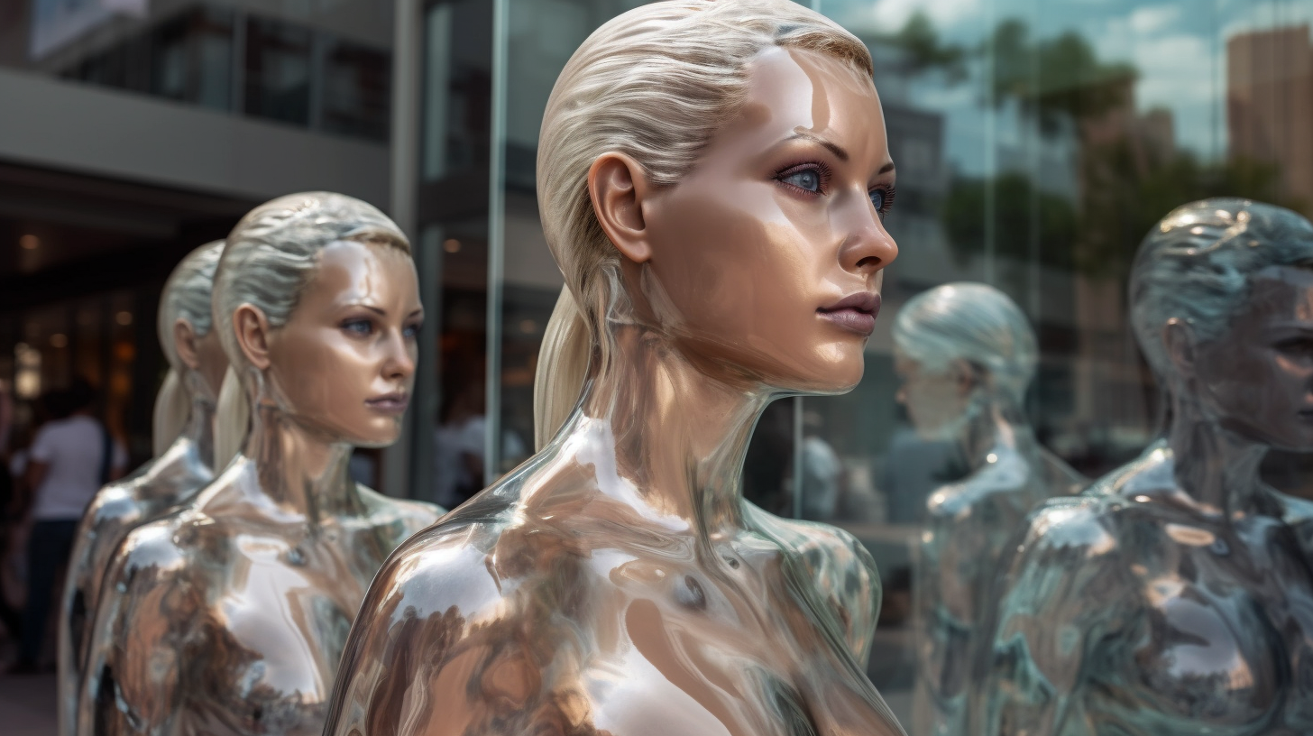 Stunning Glass Statue with Androids Marching Downtown