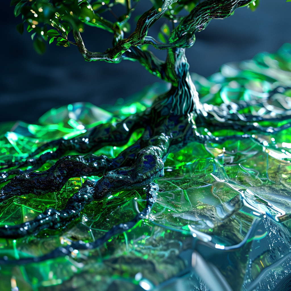 Glass tree roots neon green landscape