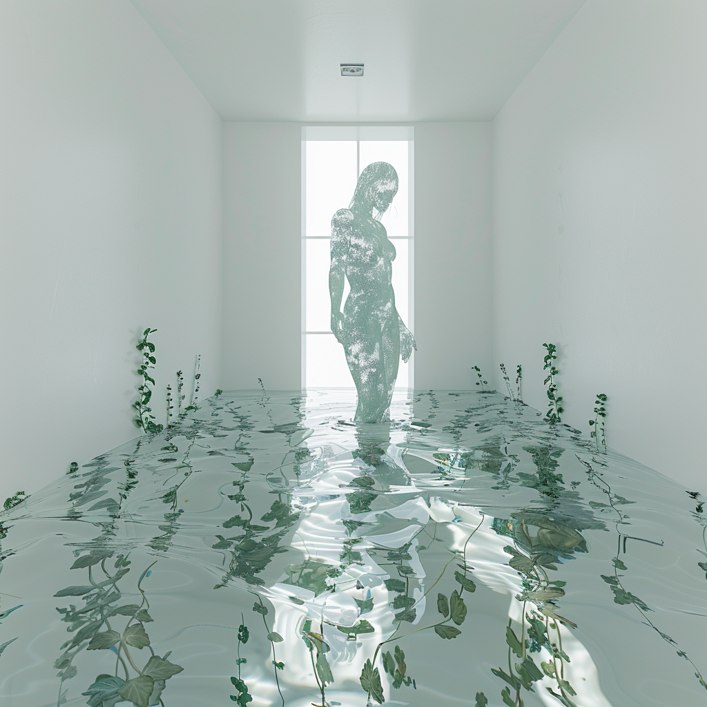 Clear Glass Woman Sculpture Filling with Ocean