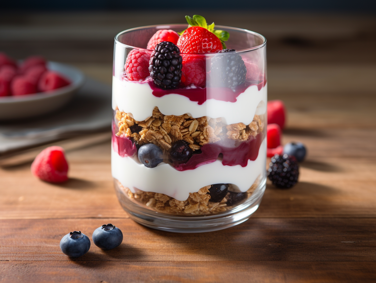 Glass of Greek yogurt with granola and mixed berries