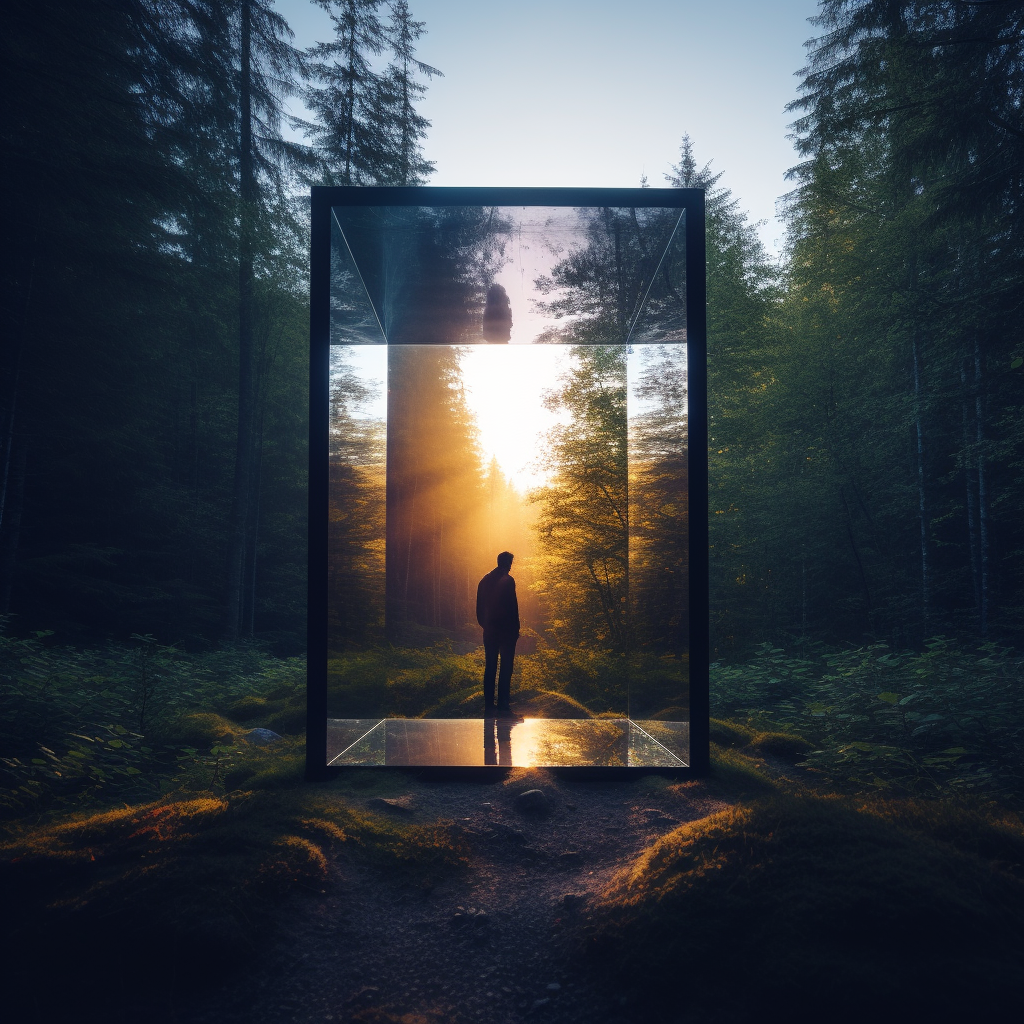 Person inside glass cube surrounded by nature