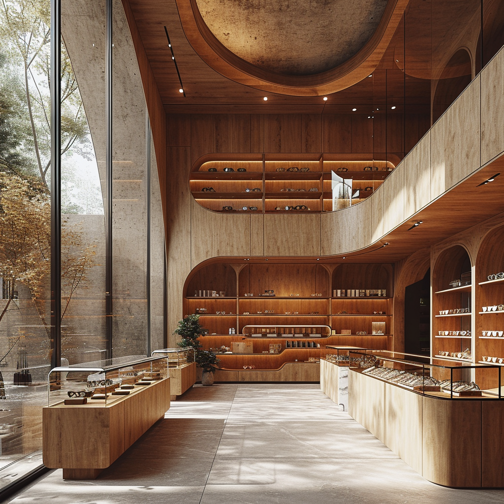 Glasses store interior with wood, concrete, and glass elements