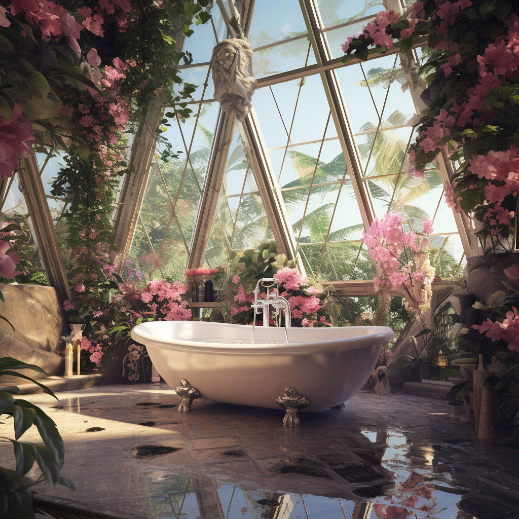 Beautiful Glasshouse with Roses and Triangle Bathtub