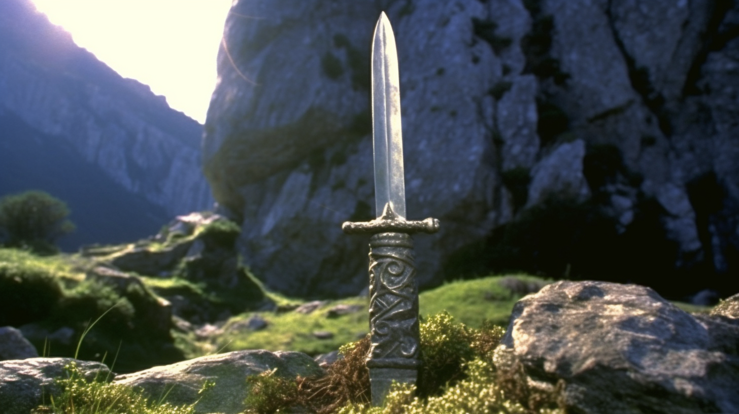 Gleaming sword in giant boulder