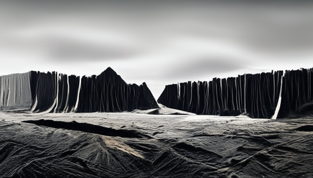 Glitched geological formation in dark powder landscape