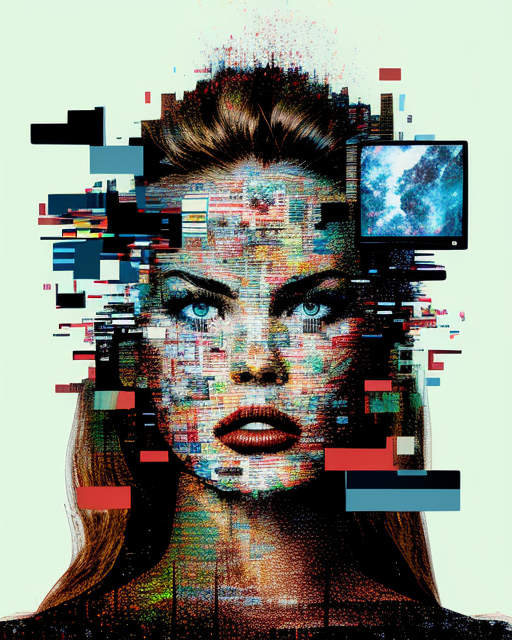 Pop art glitched pixelated woman with computers