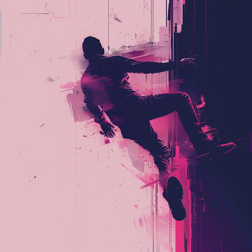 Purple glitchy man falling silhouette