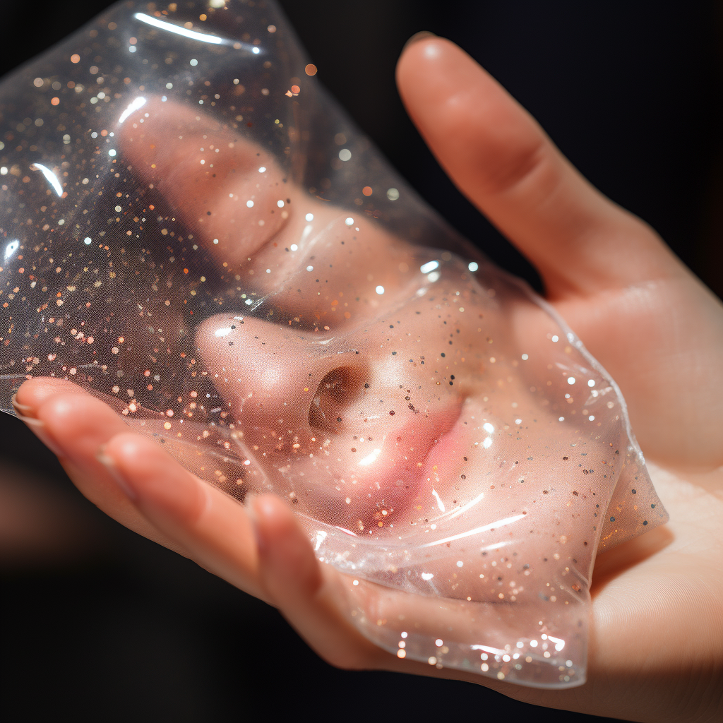 Hand holding a sparkling sheet mask