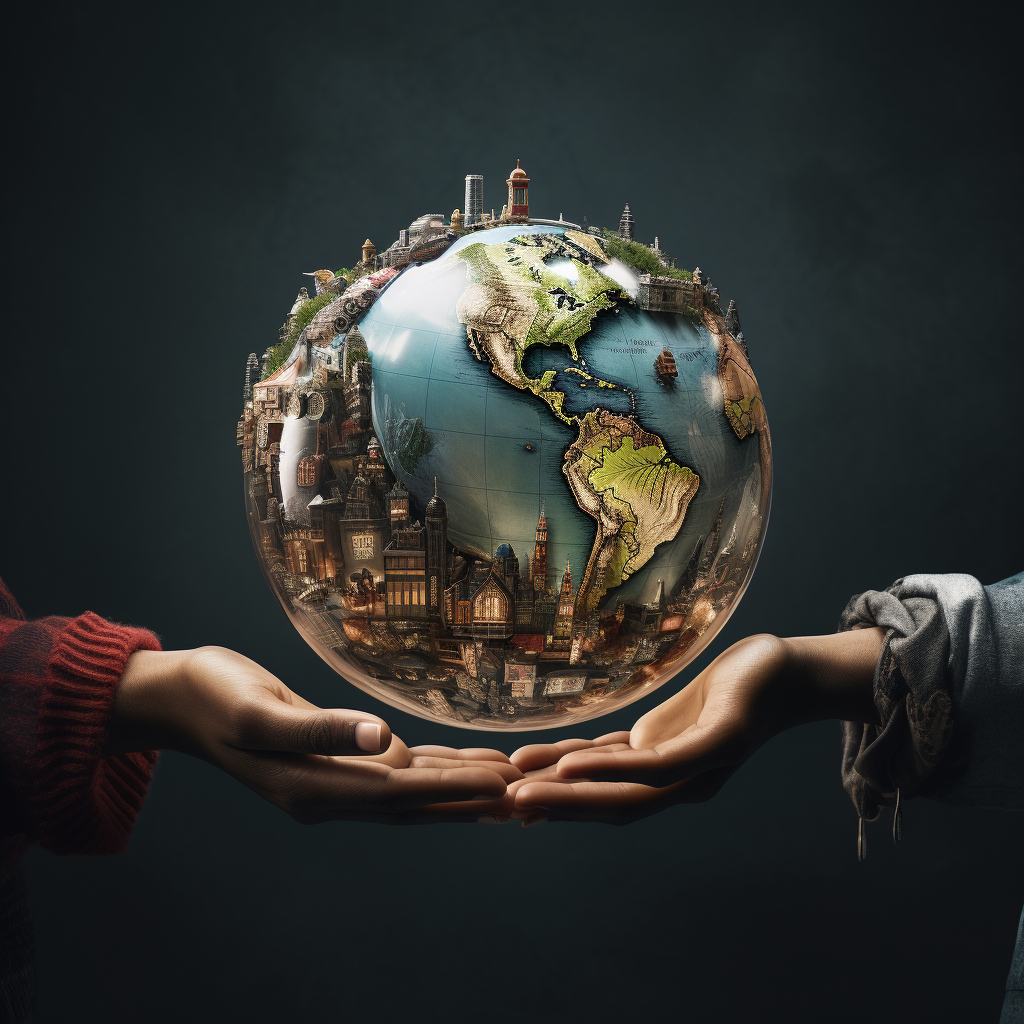 Hands holding globe, diverse people from around the world