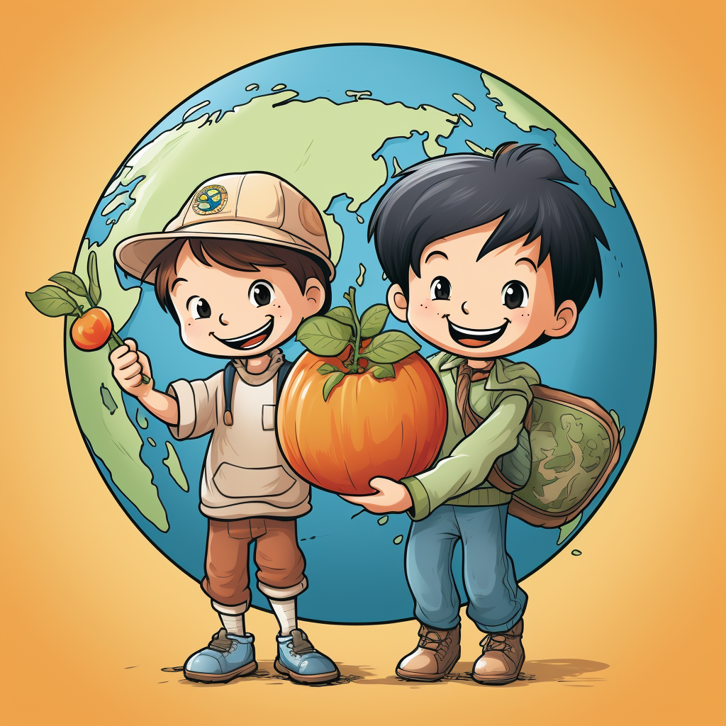 Smiling globe with boys and fruits