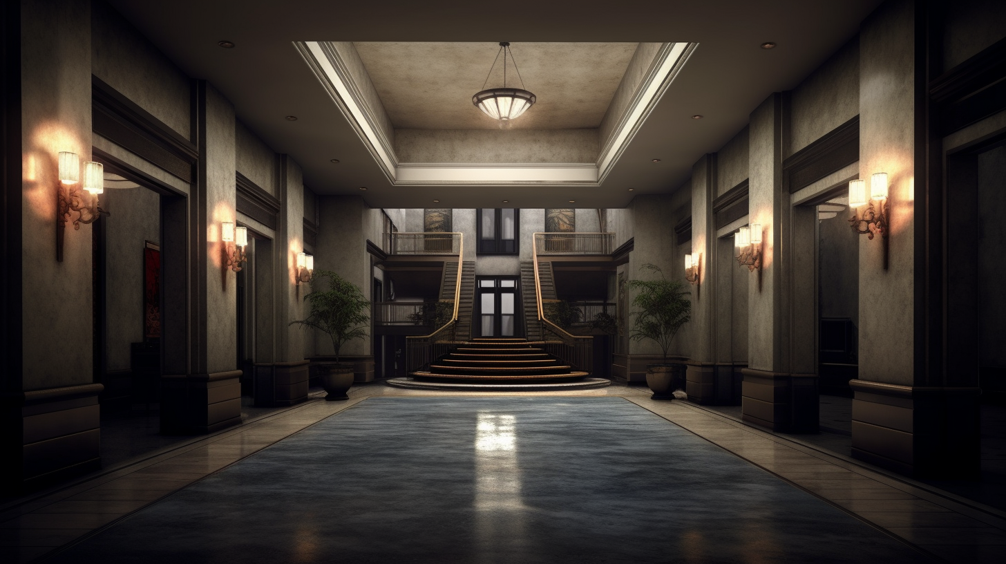 Dark and somber apartment building lobby