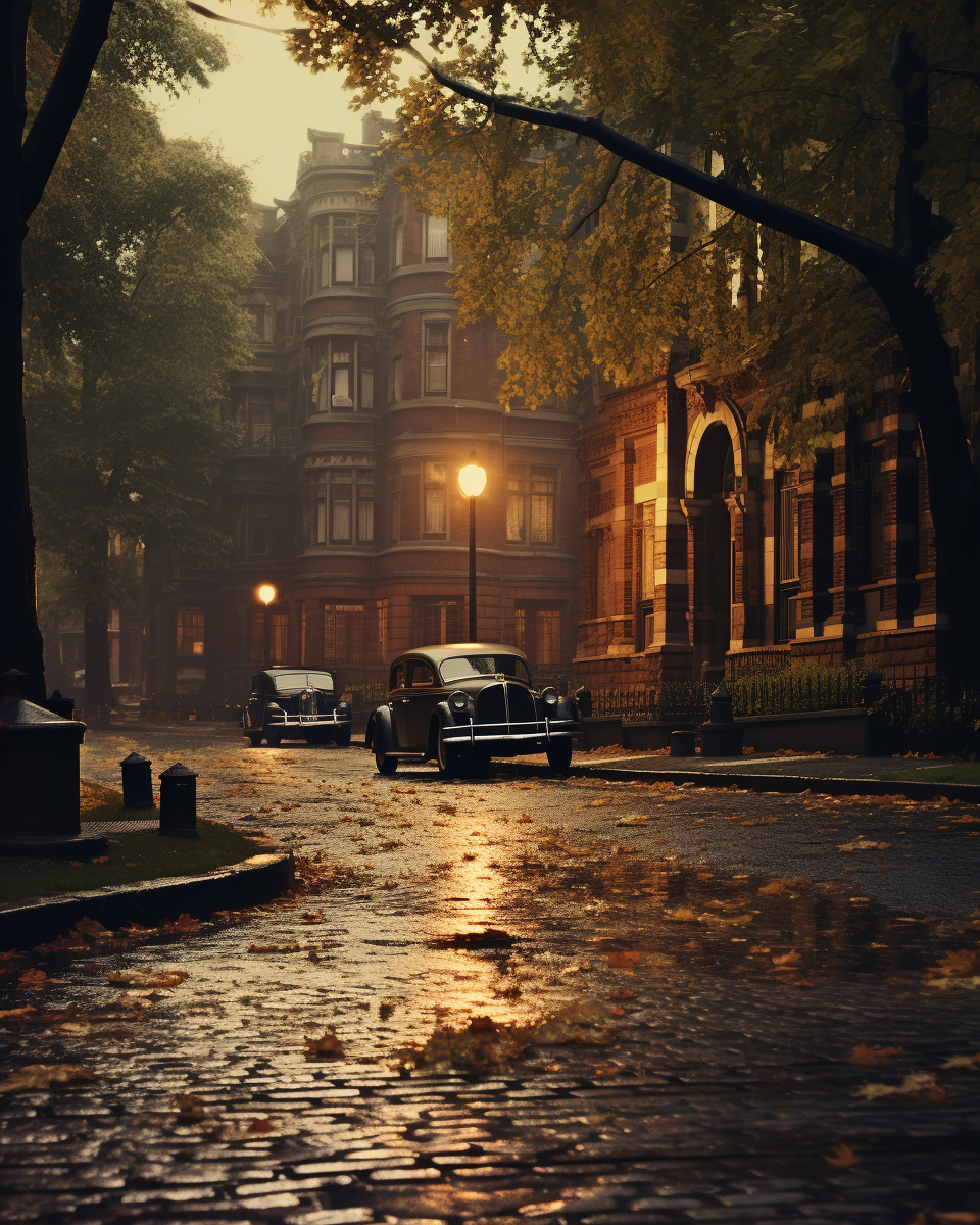 Gloomy residential street with brick houses