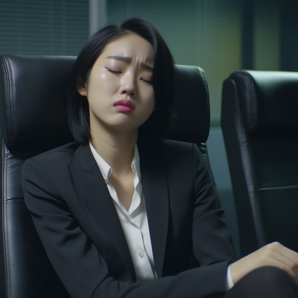 Sad Korean Office Woman Crying on Chair