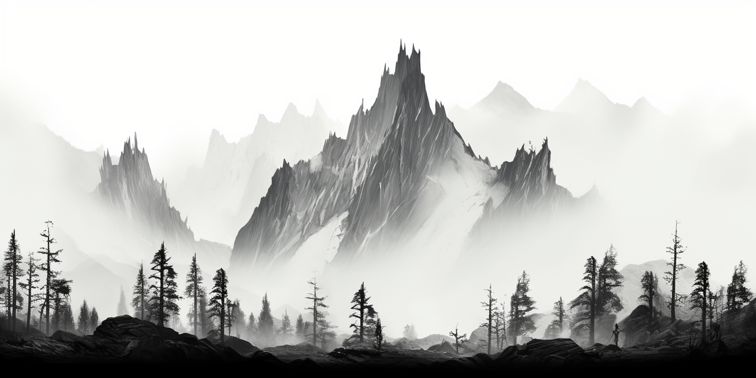 Spire of rock surrounded by dead trees in a foggy mountain landscape