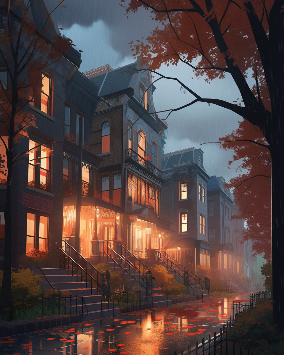 Gloomy autumn residential street scene