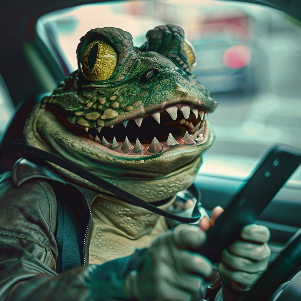 Man with green frog head driving car