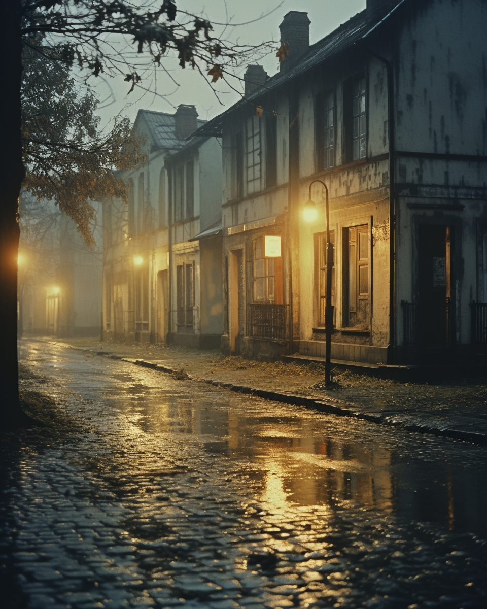 Residential street in gloomy autumn rain