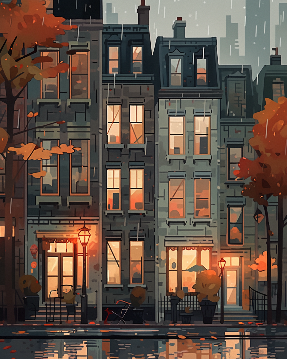 Residential street with lit windows on gloomy evening