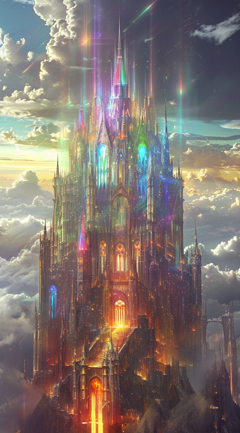 Castle made of glass reflecting rainbow colors