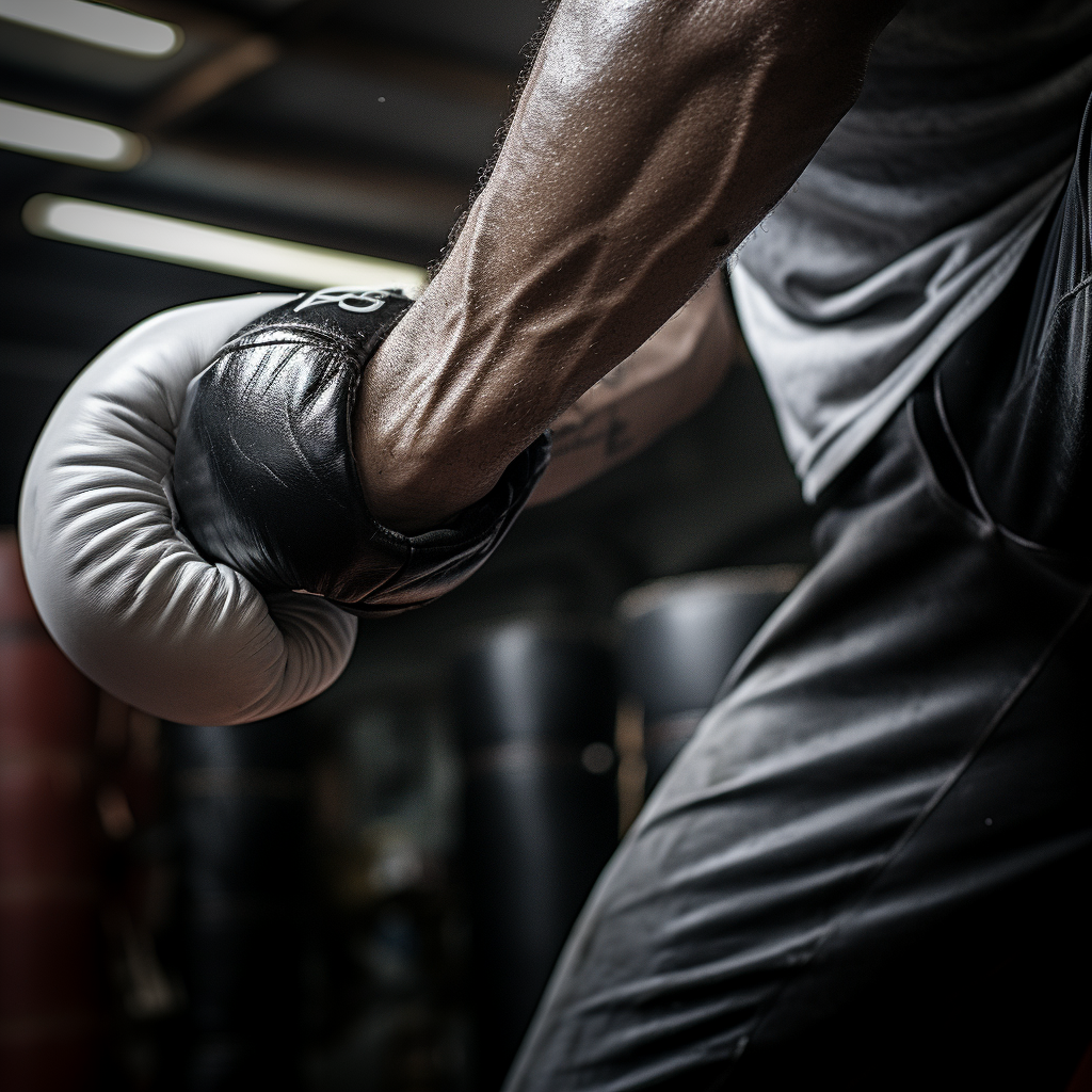 Gloved Fist Striking Boxing Bag