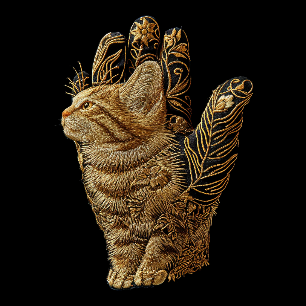 Embroidered golden gloves with cat illustration